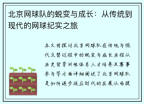 北京网球队的蜕变与成长：从传统到现代的网球纪实之旅