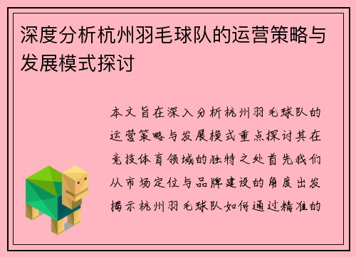 深度分析杭州羽毛球队的运营策略与发展模式探讨